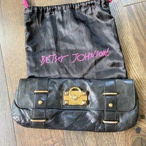 Betsey Johnson Black Clutch with Gold Chain and Buckles